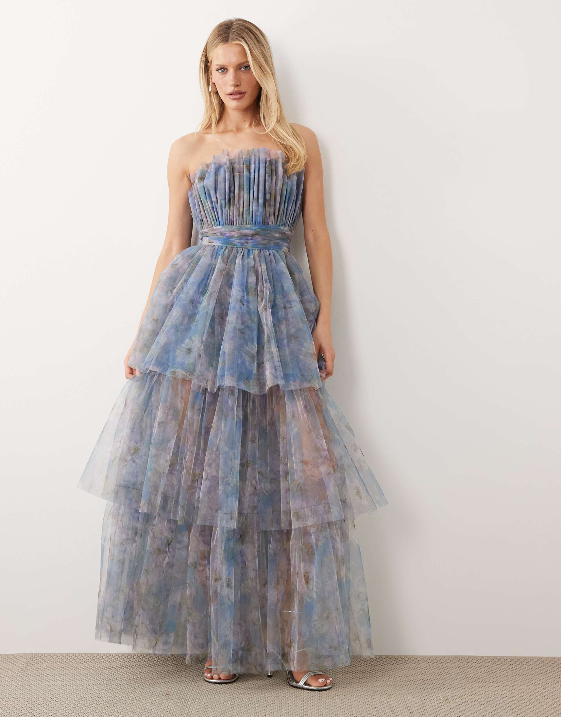 lace & beads bandeau tulle maxi dress in blue floral print