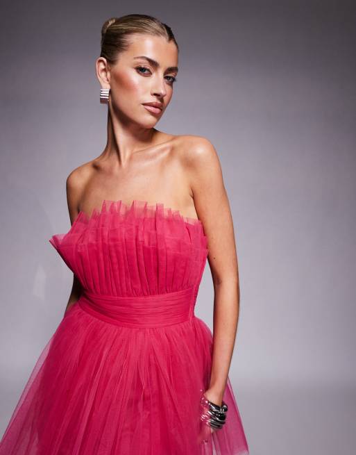 Lace & Beads bandeau tulle maxi dress in bright pink | ASOS
