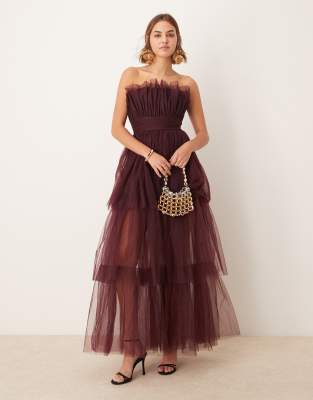 bandeau tulle maxi dress in plum-Purple