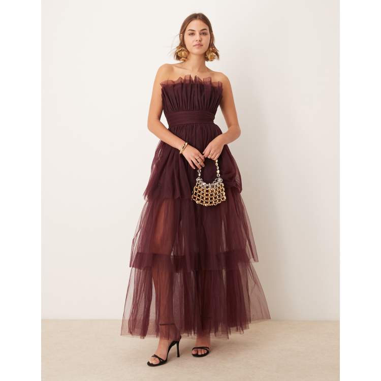 Lace Beads bandeau tulle maxi dress in plum ASOS