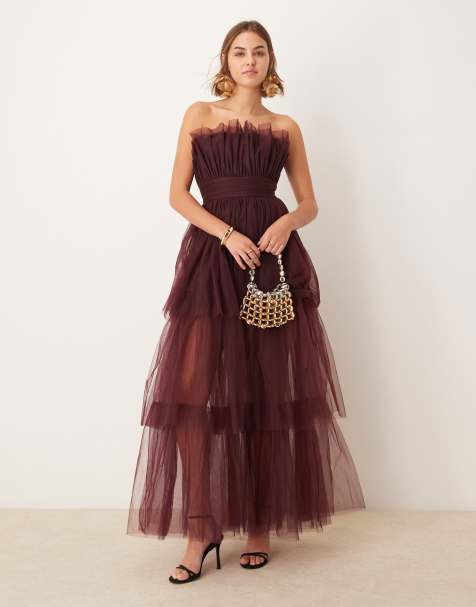 Lace & Beads bandeau tulle maxi dress in plum
