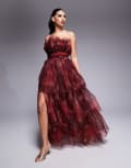 [Lace & Beads] Lace & Beads bandeau tulle maxi dress in red rose floral 16 Deep Red Rose