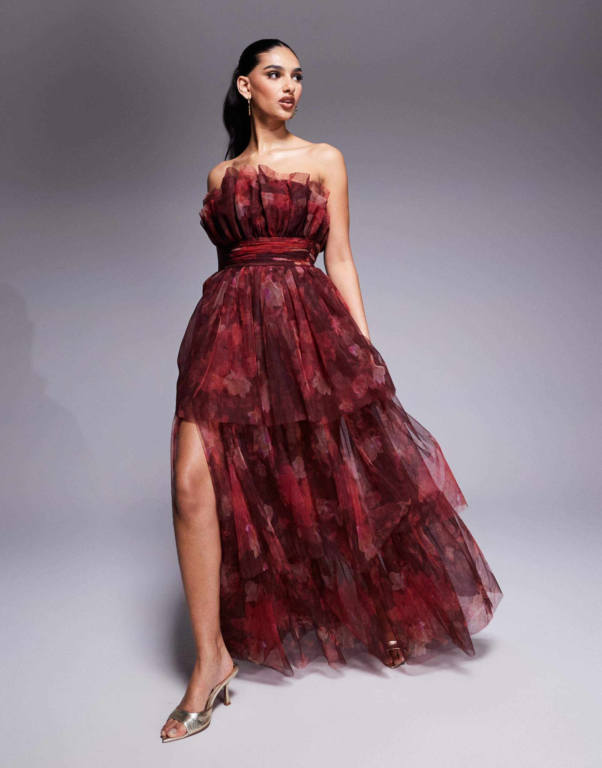 lace & beads bandeau tulle maxi dress in red rose floral