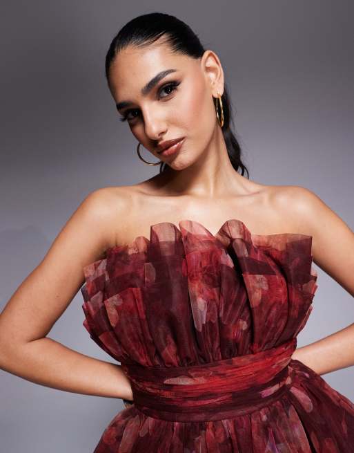 Lace & Beads bandeau tulle maxi dress in red rose floral