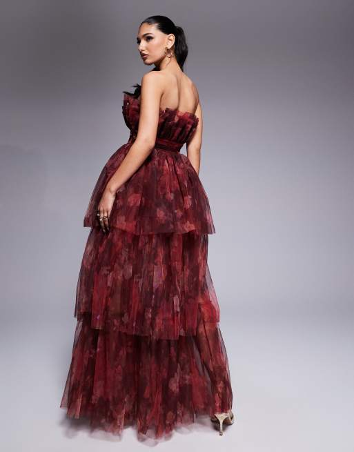 Lace & Beads bandeau tulle maxi dress in red rose floral
