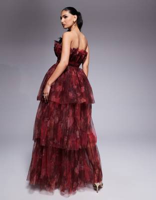 Lace & Beads bandeau tulle maxi dress in red rose floral