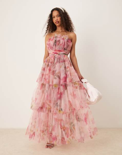 Lace & Beads bandeau tulle maxi dress in vivid pink floral - view 1
