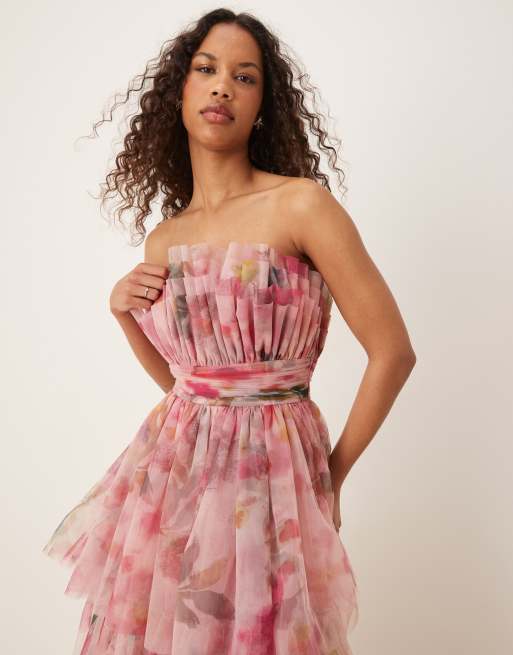 Lace & Beads bandeau tulle maxi dress in vivid pink floral