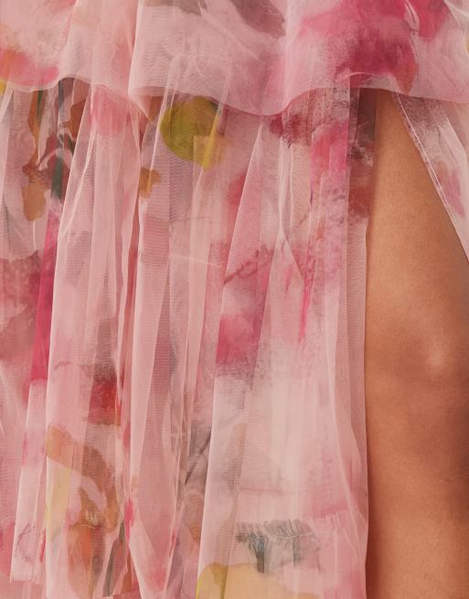 Lace & Beads bandeau tulle maxi dress in vivid pink floral