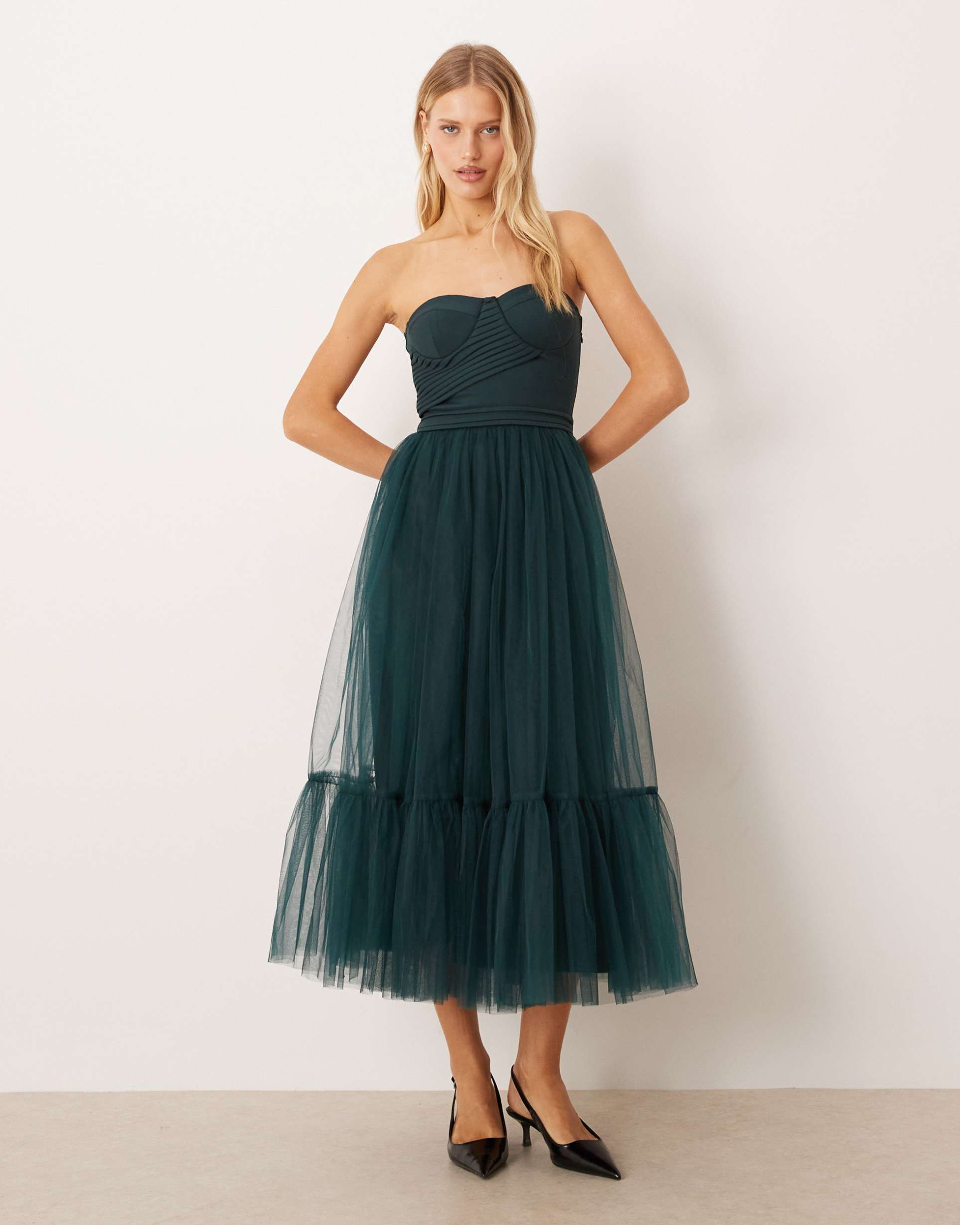 lace & beads bandeau tulle midaxi dress in emerald