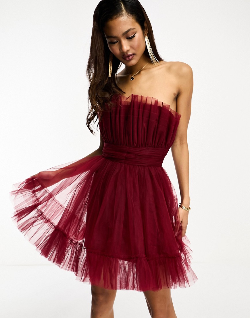 Lace & Beads Bandeau Tulle Mini Dress In Astro Dust-red