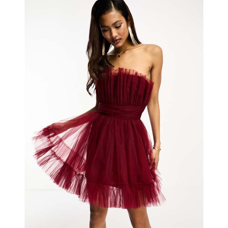 Lace & Beads corset tulle overlay mini dress in red