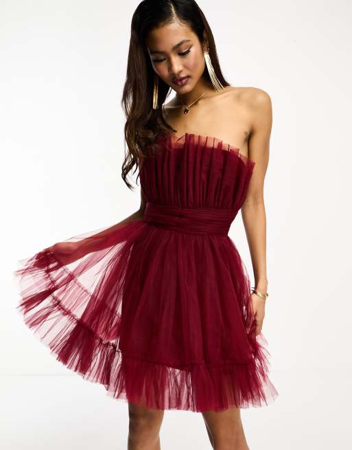 Lace & Beads corset tulle overlay mini dress in red