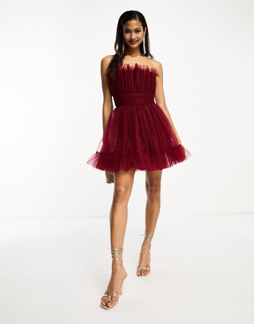 Lace & Beads corset tulle overlay mini dress in red