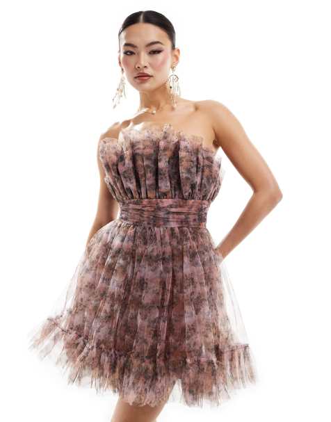 Lace & Beads bandeau tulle mini dress in lilac floral  - view 1