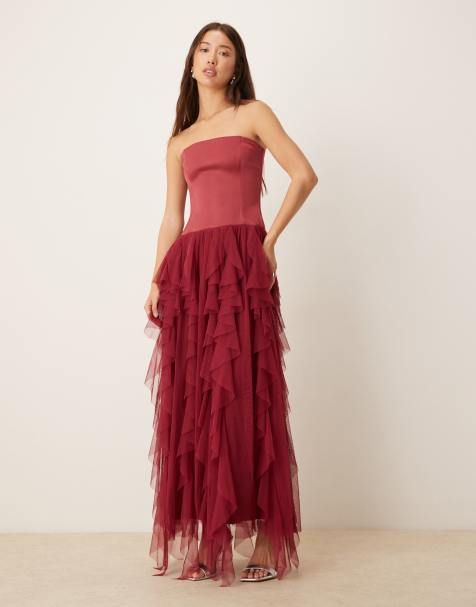 Lace & Beads bandeau tulle ruffle detail maxi dress in burgundy - view 1