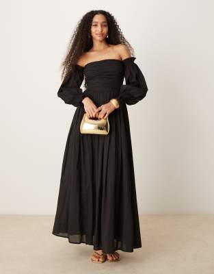Lace & Beads Lace & Beads bardot balloon sleeve cotton maxi dress in black