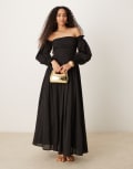 [Lace & Beads] Lace & Beads bardot balloon sleeve cotton maxi dress in black 12 Black