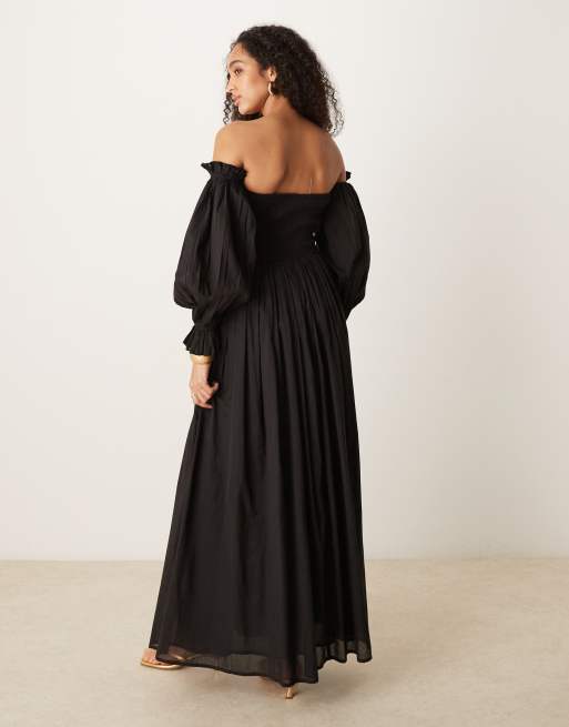 Lace & Beads bardot balloon sleeve cotton maxi dress in black, 4 of 4
