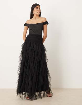 Lace & Beads Bardot Drop Hem Ruffle Maxi Dress In Black