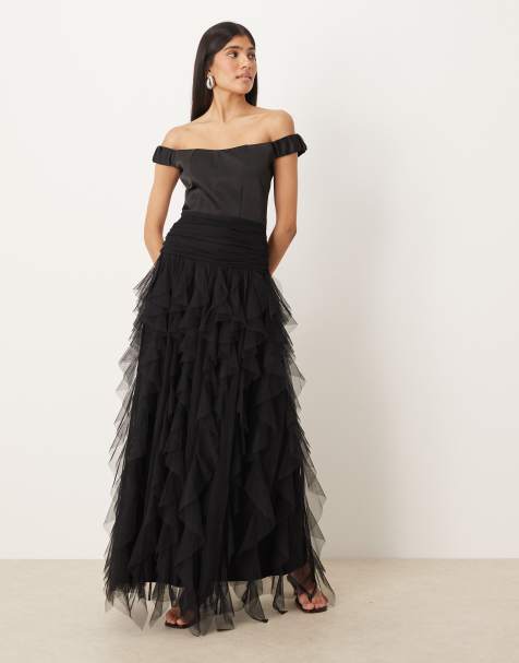 Lace & Beads bardot drop hem ruffle maxi dress in black - view 1
