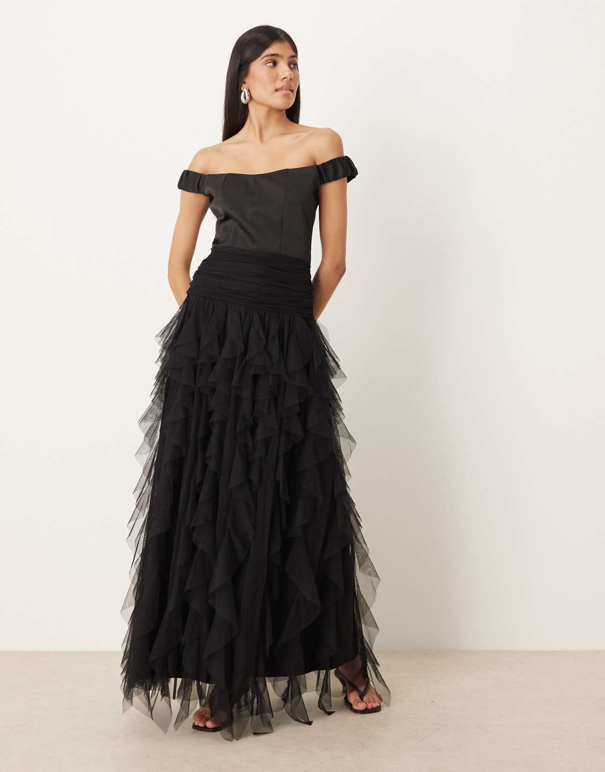 Lace & Beads bardot drop hem ruffle maxi dress in black