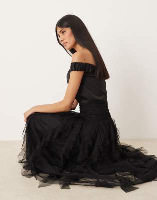 Lace & Beads Bardot Drop Hem Ruffle Maxi Dress In Black