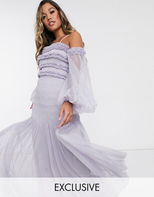 Lace & Beads bardot ruffle maxi dress with sheer balloon sleeves in lilac grey