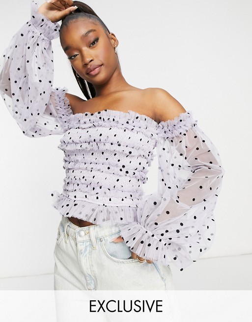 Lace & Beads exclusive bardot ruffle top with balloon sleeves in lilac polka dot