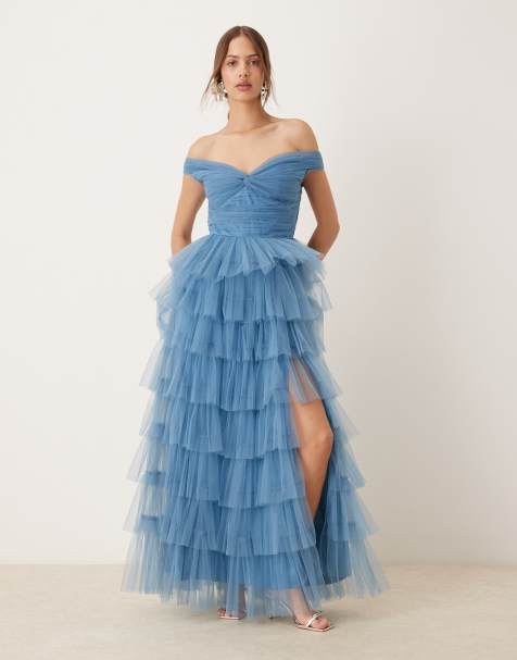 Lace & Beads bardot tulle maxi dress in blue - view 1