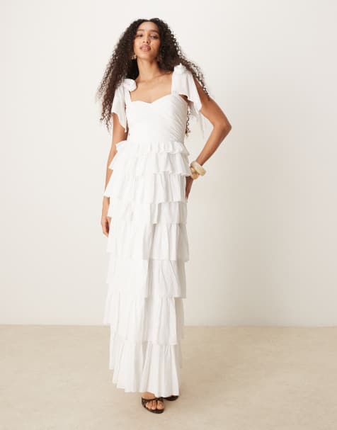 Lace & Beads bow shoulder tiered tulle maxi dress in white cotton