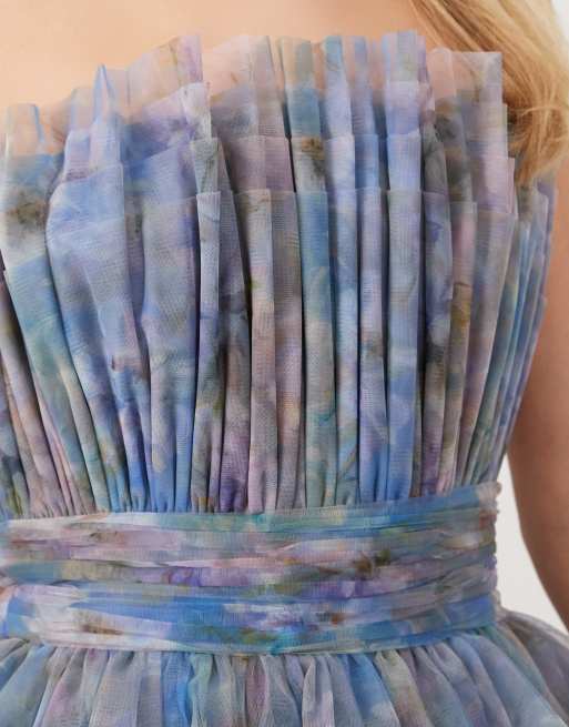 Lace & Beads – Blå, blommig maxiklänning i tyll med bandeau-ringning, 3 av 4