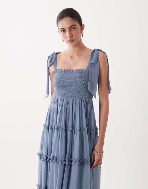 Lace & Beads - Blå midikjole med rynker, flæser og sløjfer på skuldrene i chiffon-dobby, 3 af 4