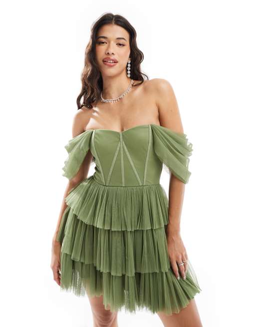 Lace & Beads - Blød minikjole med korset og offshouldersnit i olivengrøn tyl, 2 af 4