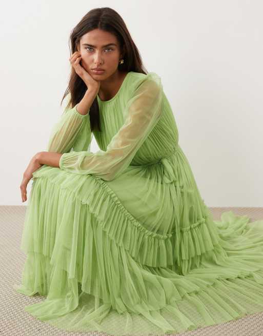 Lace & Beads - Æblegrøn lagdelt midikjole med rund hals, 2 af 4