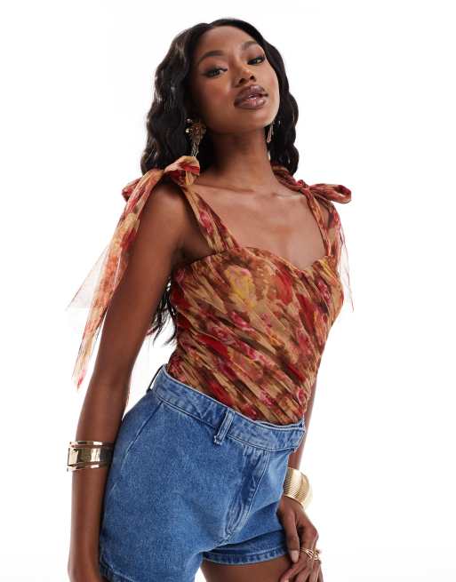 Lace & Beads - Body con fiocchi sulle spalle e stampa di rose