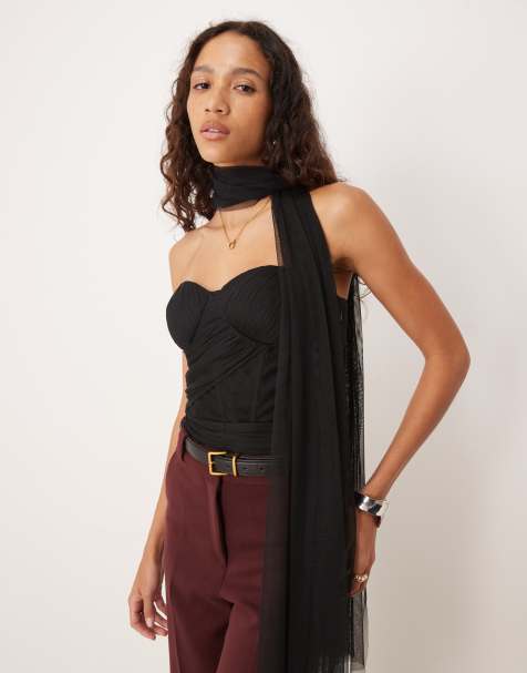 Lace & Beads - Body stile corsetto nero in tulle con sciarpa al collo - view 1