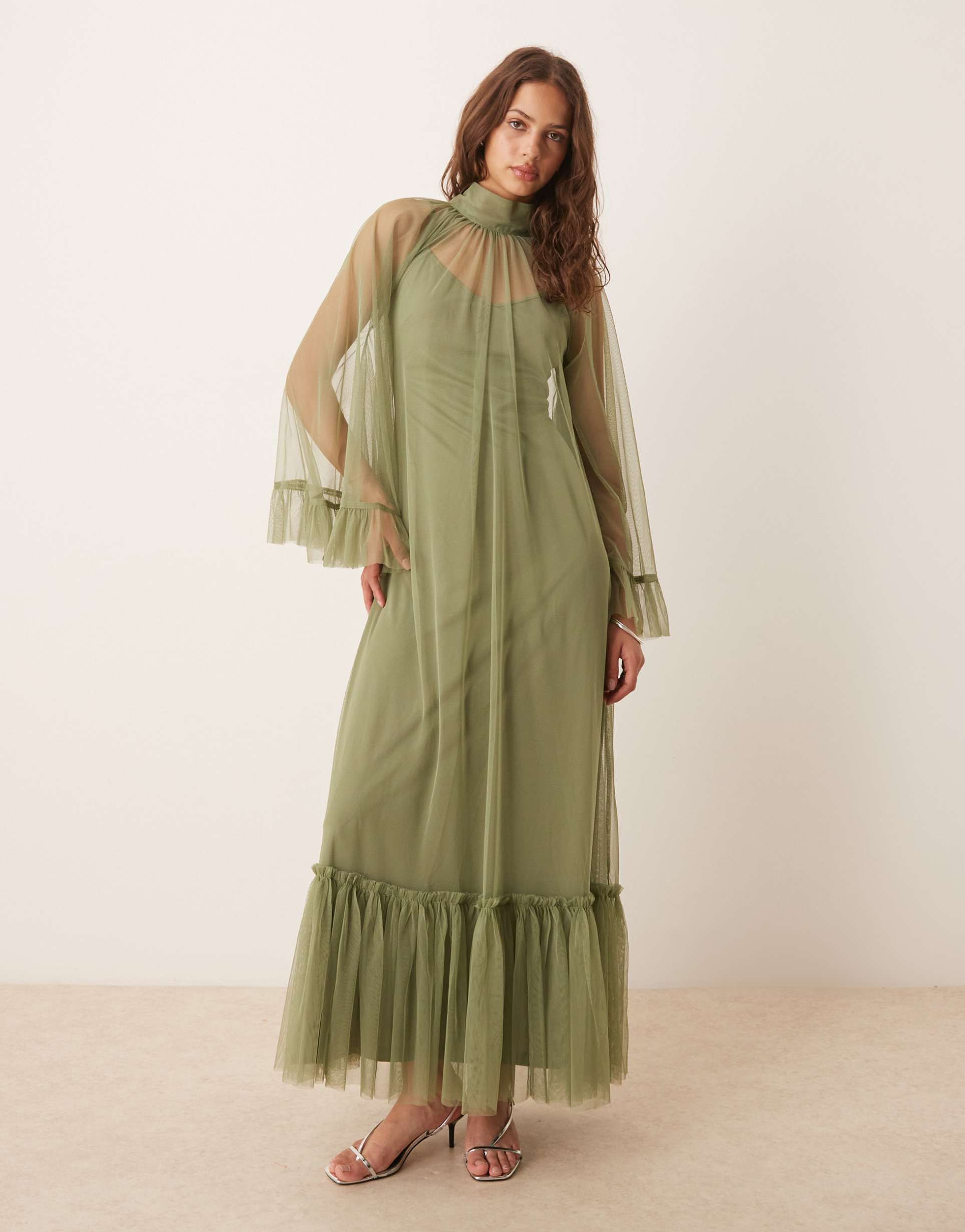 lace & beads boho full sleeve maxi dress in soft olive