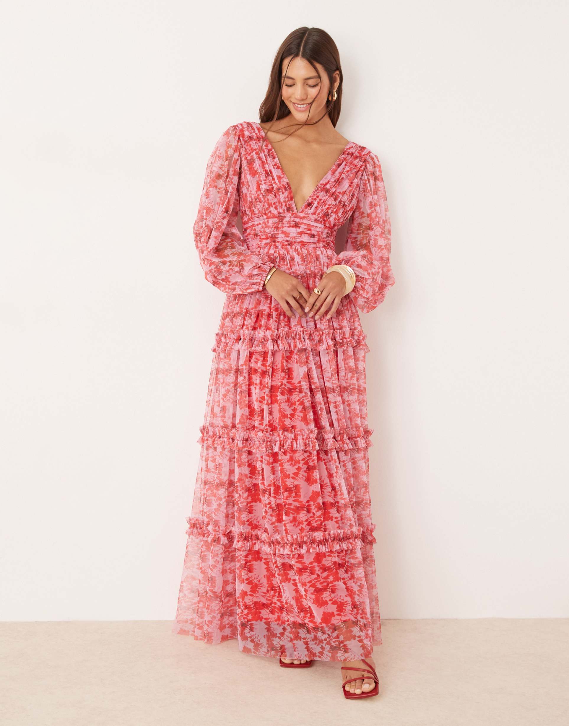 lace & beads boho ruffle maxi dress in fuchsia floral