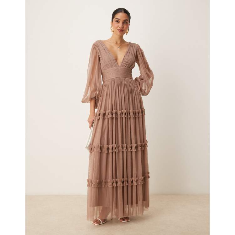 Lace & Beads boho ruffle maxi dress in soft taupe