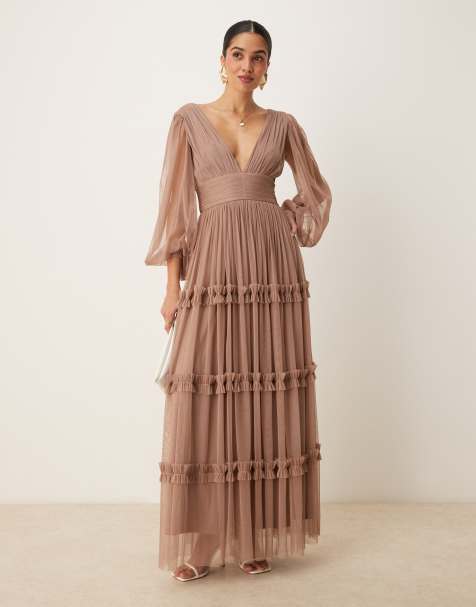 Lace & Beads boho ruffle maxi dress in soft taupe