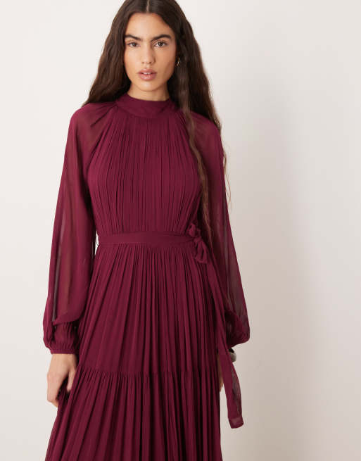 Lace & Beads - Bordeaux lagdelt maxikjole med ballonærmer og bindebånd i taljen i chiffon, 2 af 4