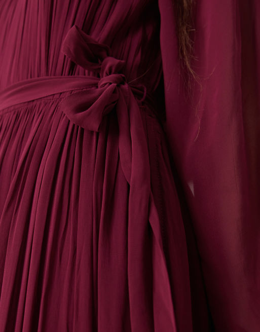 Lace & Beads - Bordeaux lagdelt maxikjole med ballonærmer og bindebånd i taljen i chiffon, 3 af 4