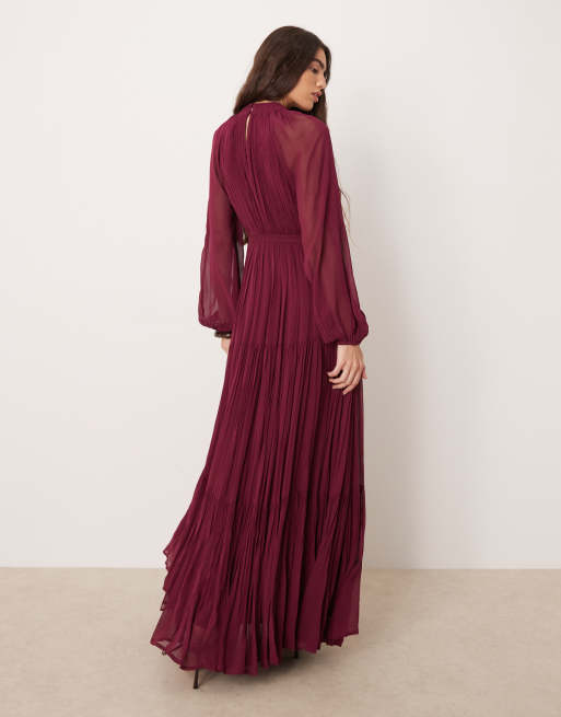 Lace & Beads - Bordeaux lagdelt maxikjole med ballonærmer og bindebånd i taljen i chiffon, 4 af 4