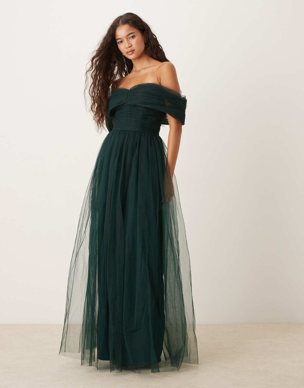 Lace & Beads bow fallen shoulder maxi tulle dress in dark green