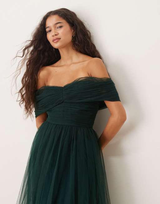Lace & Beads bow fallen shoulder maxi tulle dress in dark green, 3 of 4