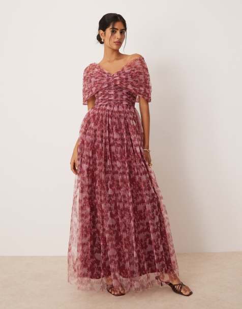Lace & Beads bow off shoulder tulle maxi dress in blush floral - view 1
