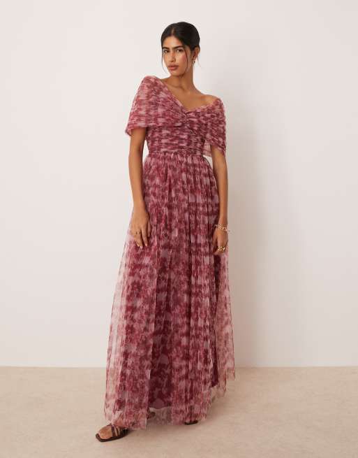 Lace & Beads bow off shoulder tulle maxi dress in blush floral, 3 of 4
