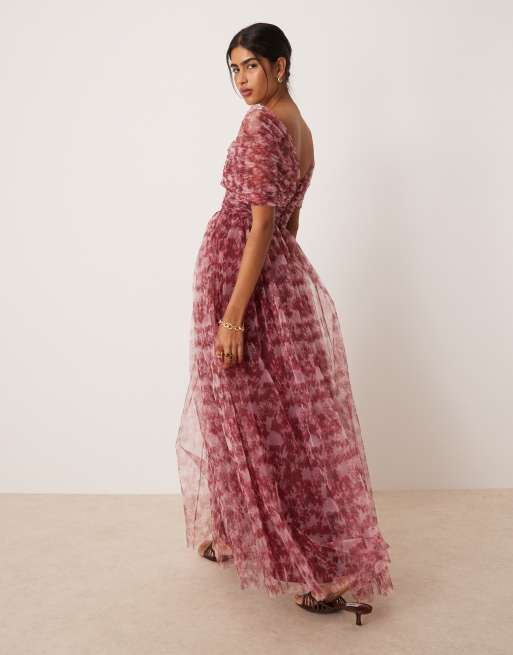 Lace & Beads bow off-shoulder tulle maxi dress in blush floral