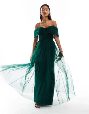 bow off shoulder tulle maxi dress in forest green